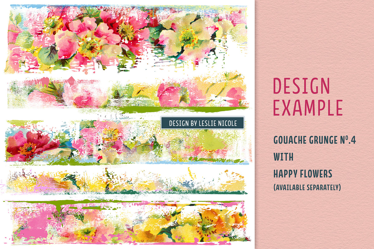 Design example using the Gouache Grunge No. 4 brushes and overlays and vintage flower illustrations.