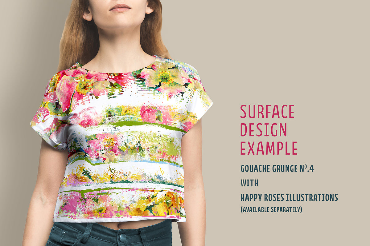A woman wearing a crop-top shirt with a design using the Gouache Grunge No. 4 overlays and vintage rose illustrations.