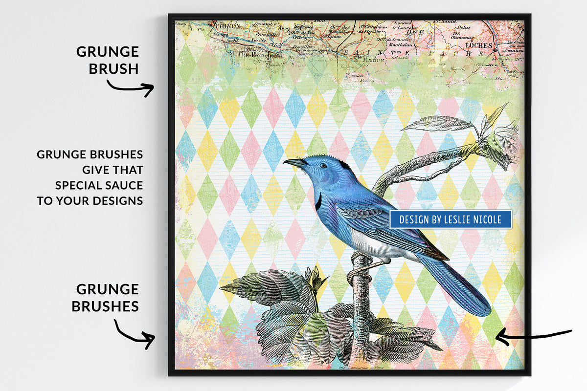 A framed Modern Vintage design with a vintage bird and grunge background using the Gouache Grunge No. 4 brushes.