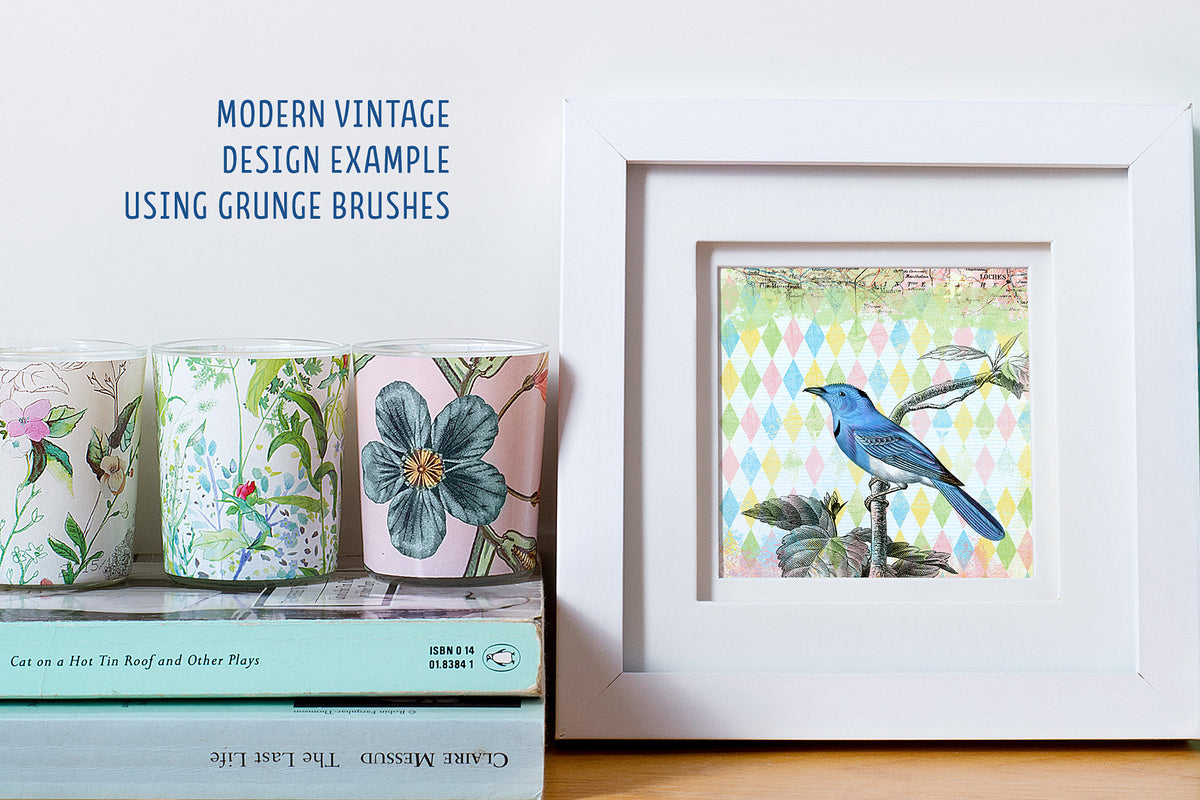 A Modern Vintage design of a bird framed and in a colorful arrangement. 
