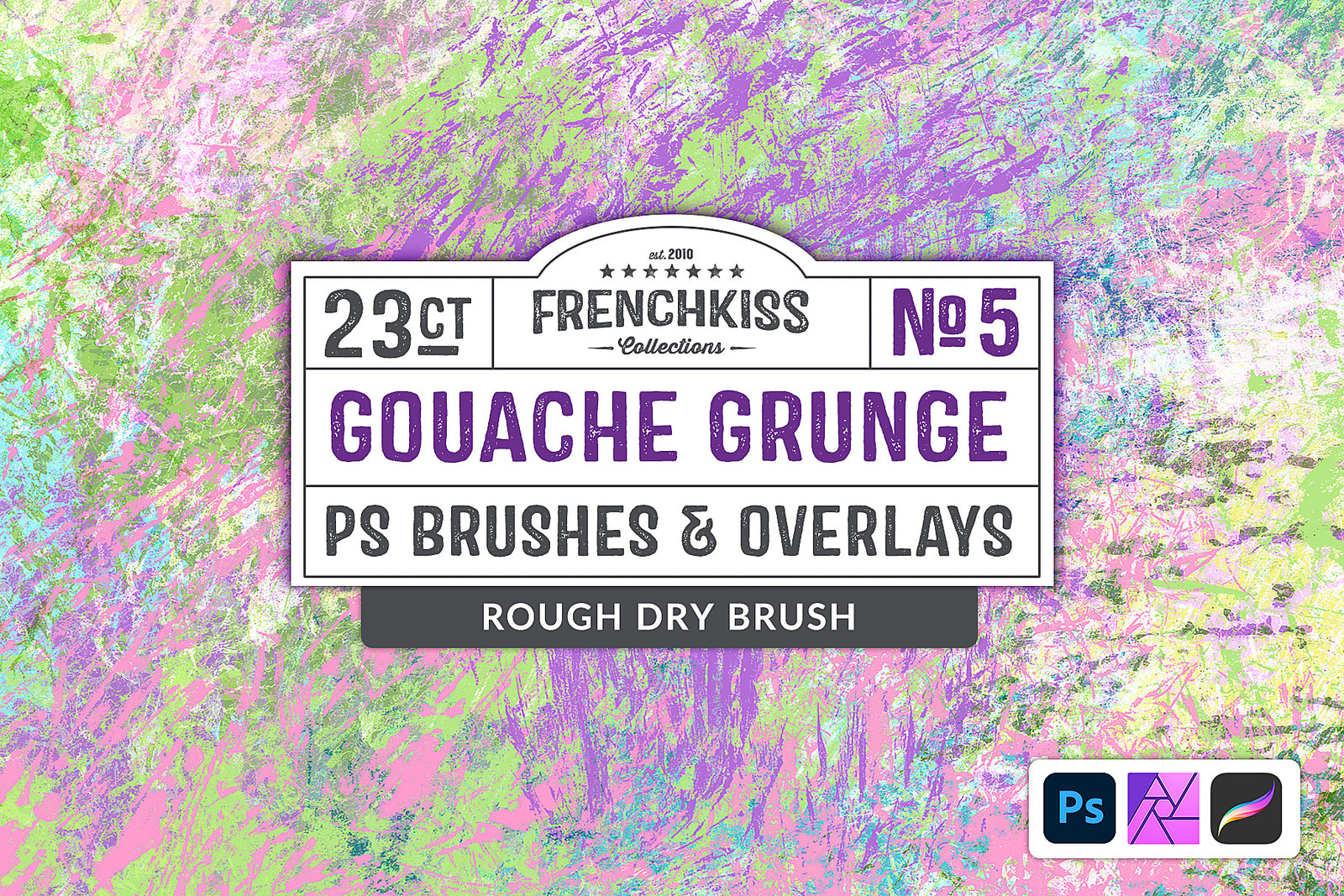 Gouache Grunge No. 5 Photoshop Brushes and PNG overlays cover with background example.