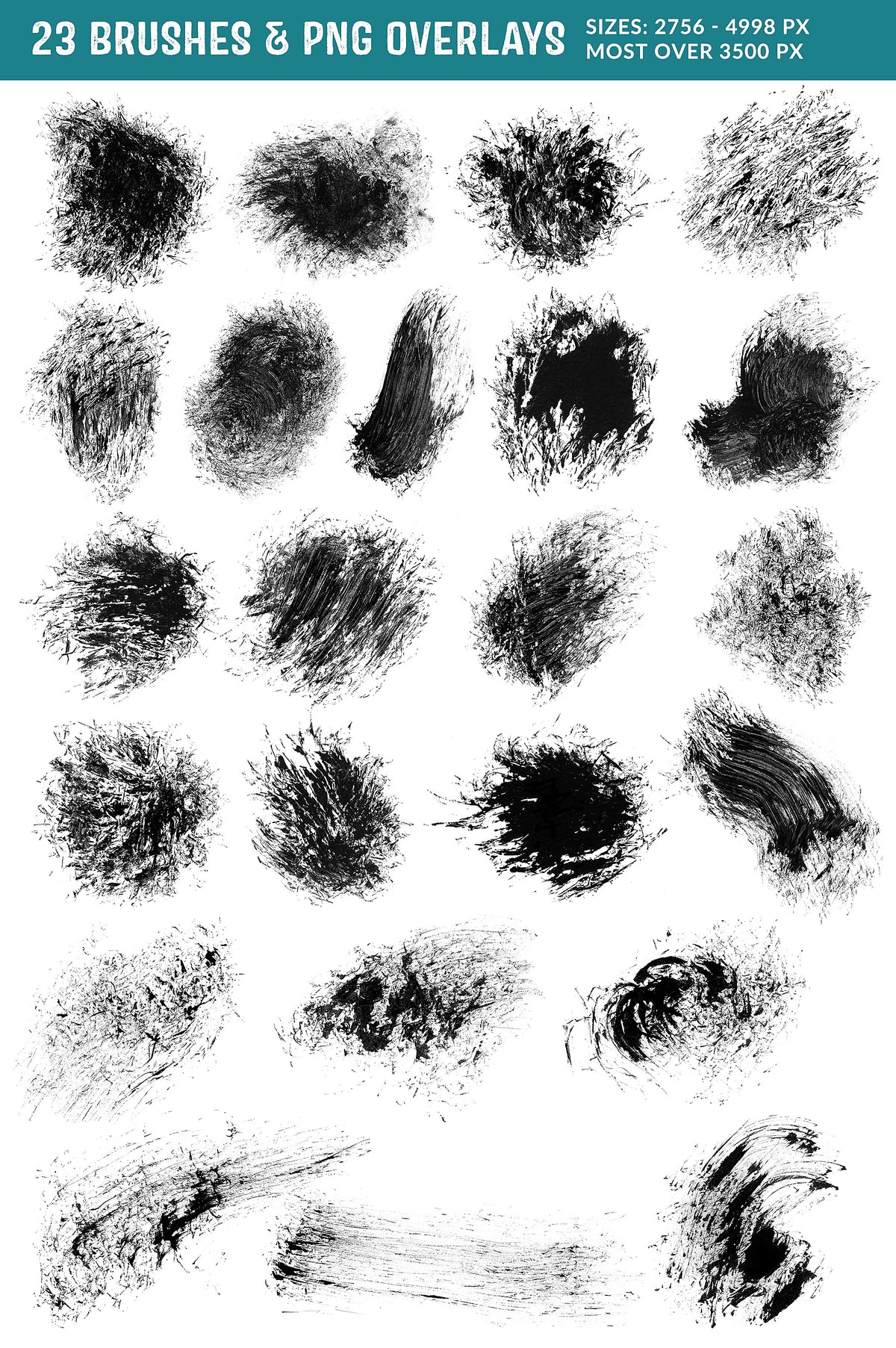 23 Gouache Grunge Photoshop Brushes and PNG overlays.