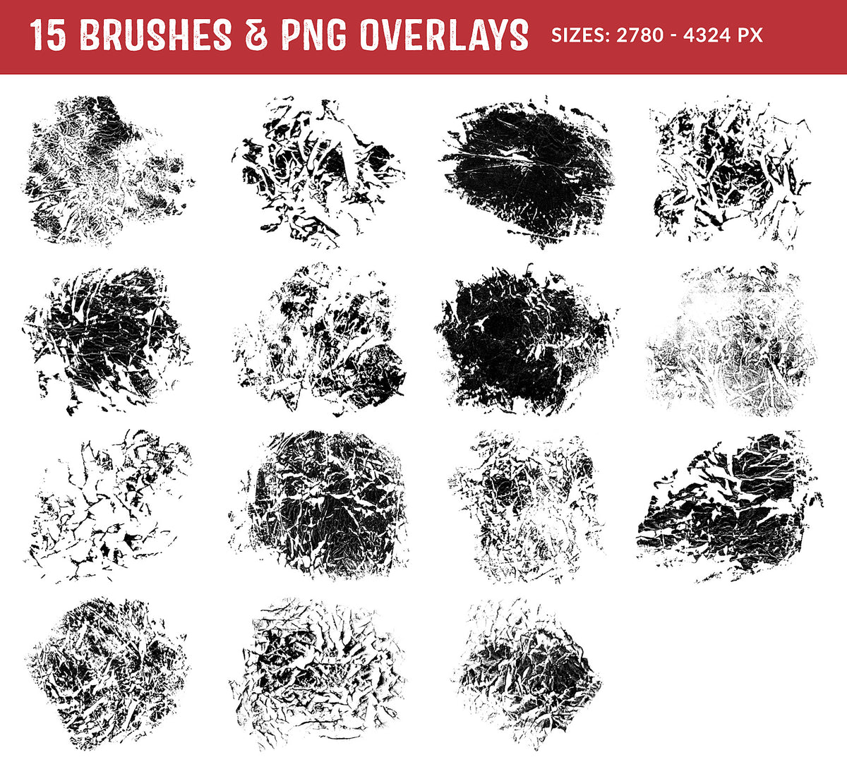 15 brushes and PNG overlays made from gouache impressions on crumpled paper.