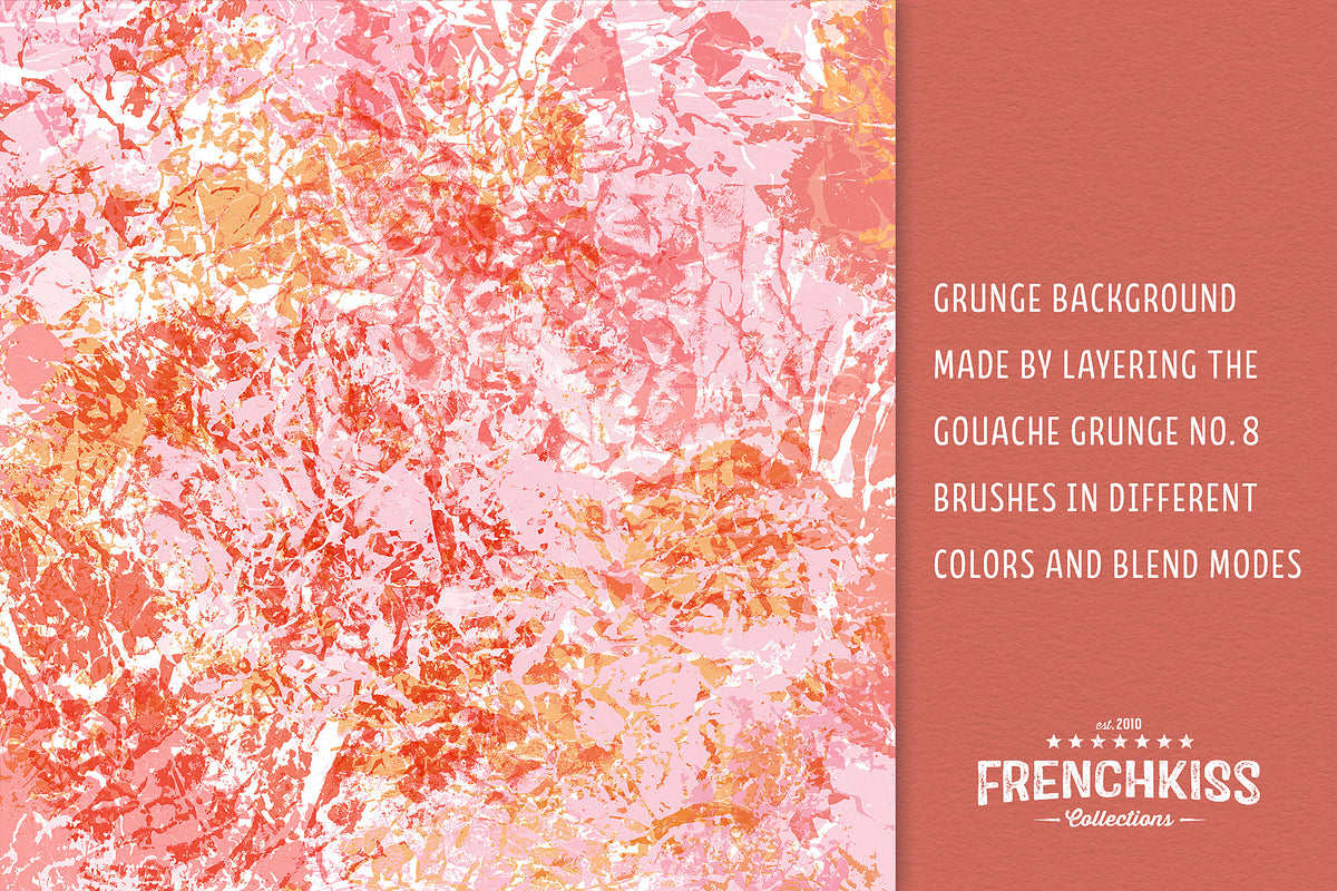 Texture background made by layering the Gouache Grunge No. 8 brushes in different colors and blend modes.