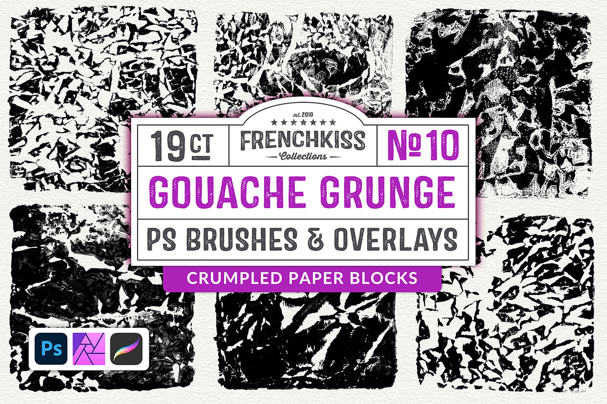 Photoshop brushes and overlays of brayered gouache square crumpled paper.