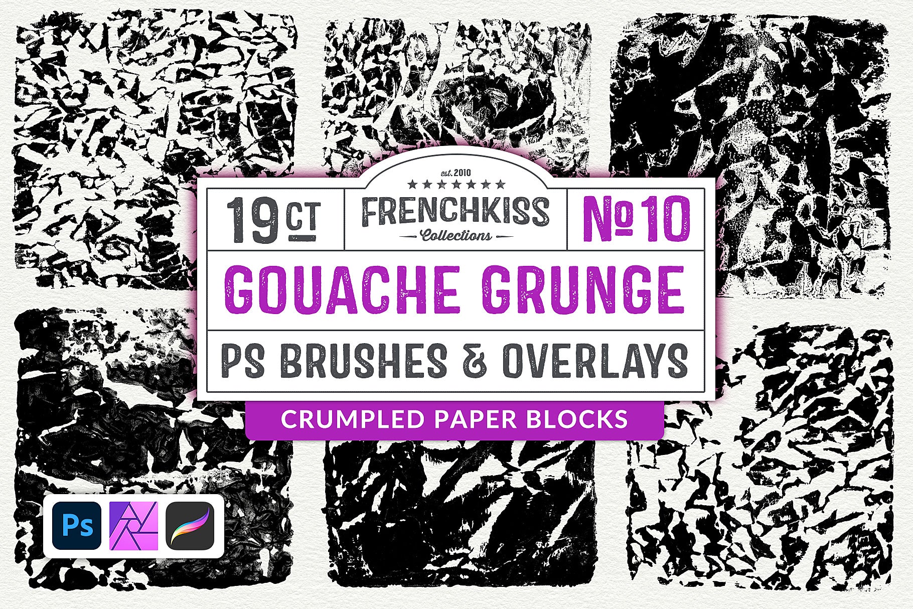 Photoshop brushes and overlays of brayered gouache square crumpled paper.