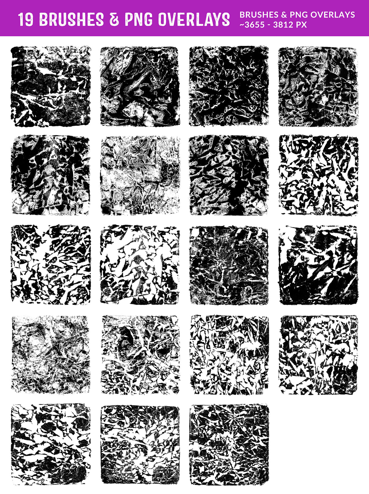 19 Photoshop brushes and overlays of brayered gouache square crumpled paper.