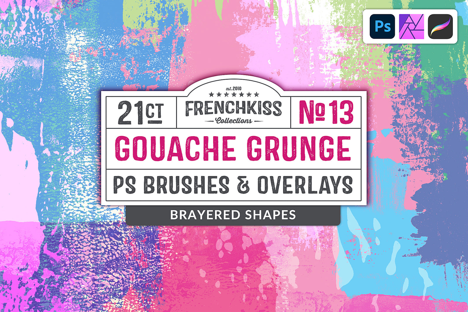 Gouache Grunge No. 13 brayered shapes Photoshop brushes and PNG overlays.
