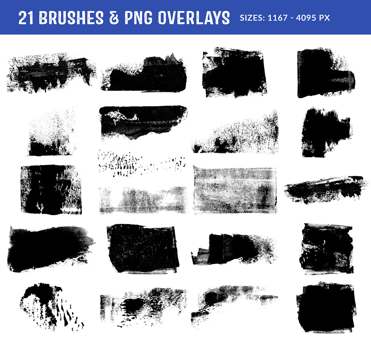 21 gouache brayered shapes Photoshop brushes and PNG overlays.