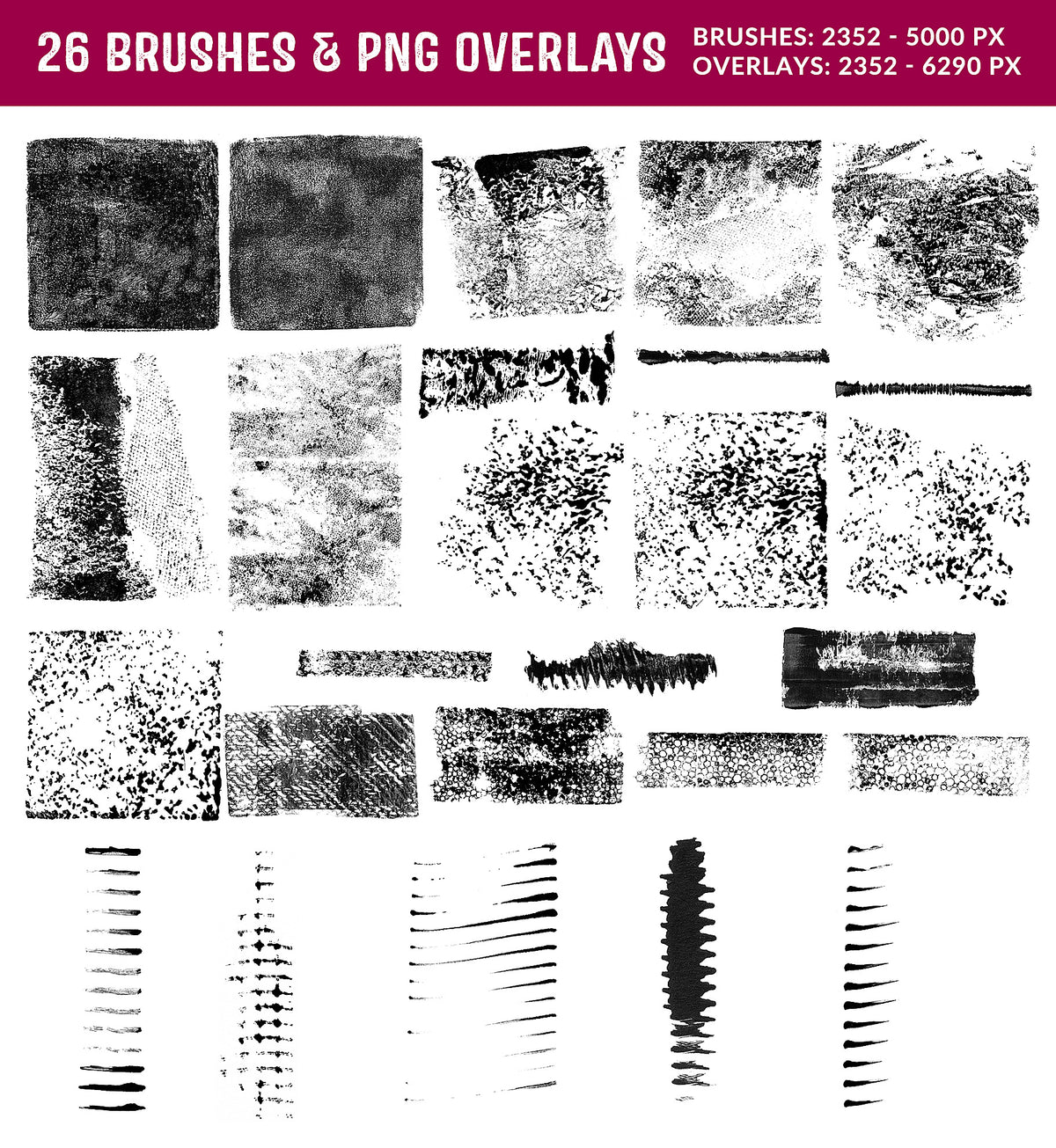 Gouache Grunge Photoshop Brushes and Overlays showing all brushes.