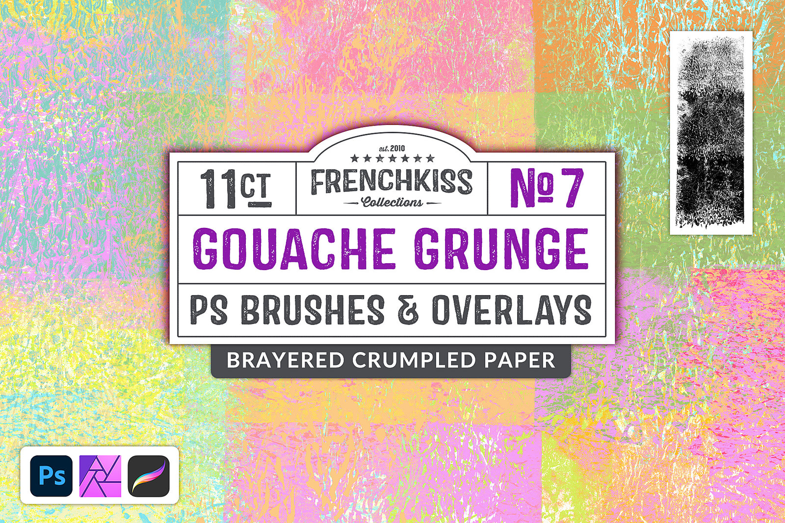 Gouache Grunge No. 7 brushes and overlays made by applying paint onto crumpled paper with a brayer.