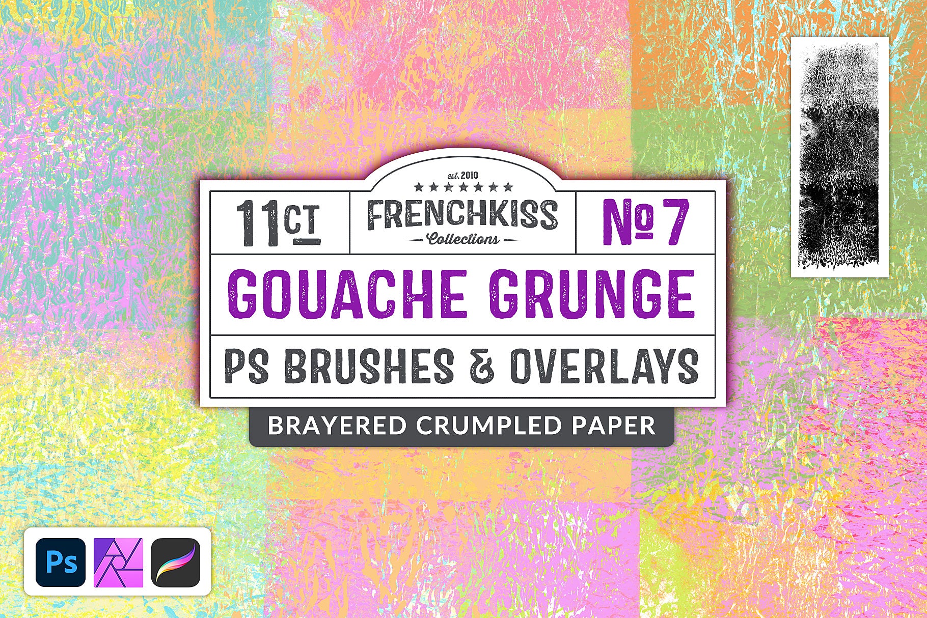 Gouache Grunge No. 7 brushes and overlays made by applying paint onto crumpled paper with a brayer.