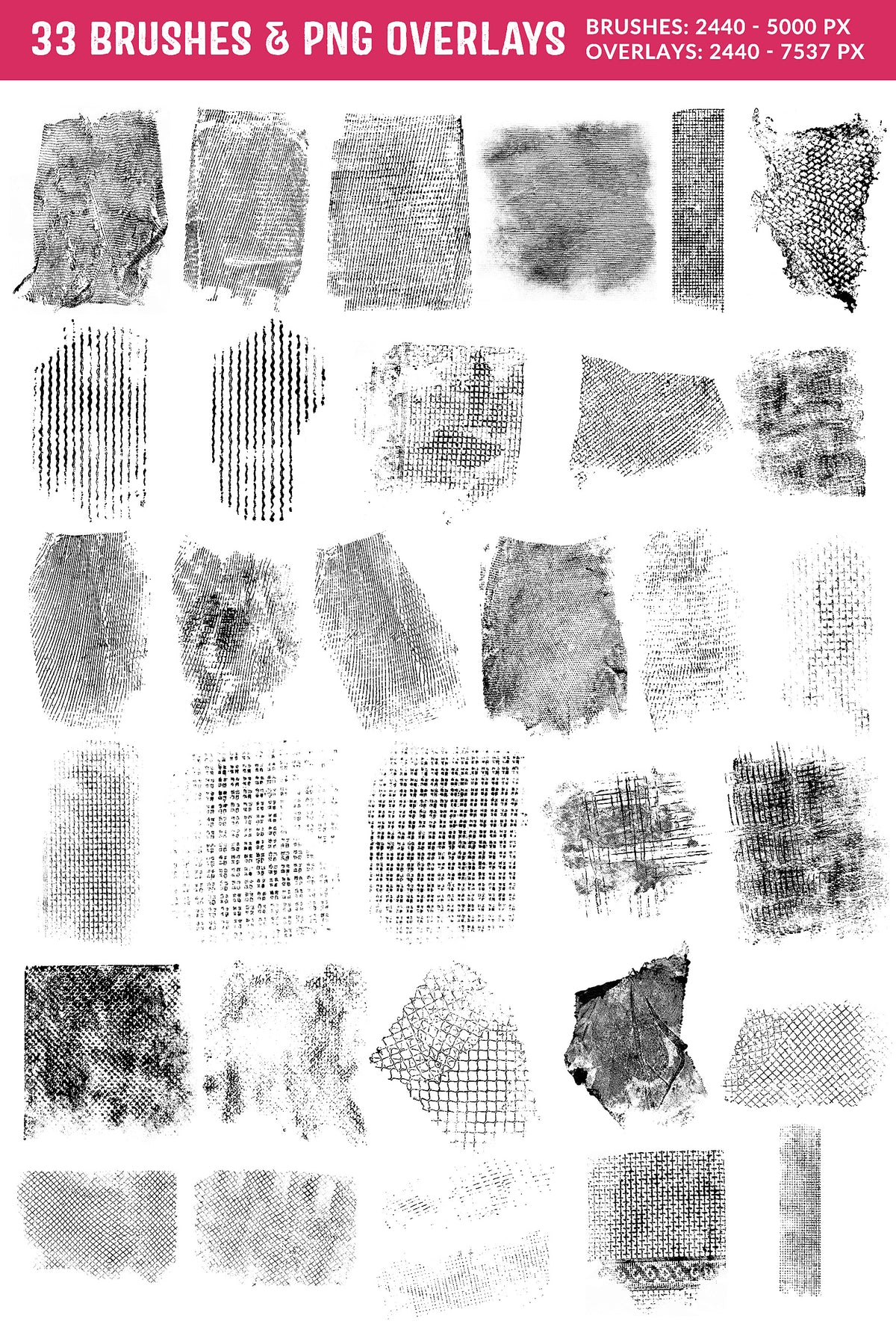 Grunge brushes and overlays created from stamping netting, tulle, cardboard and other textures into Gouache. Creates fabulous grunge elements to add to designs.