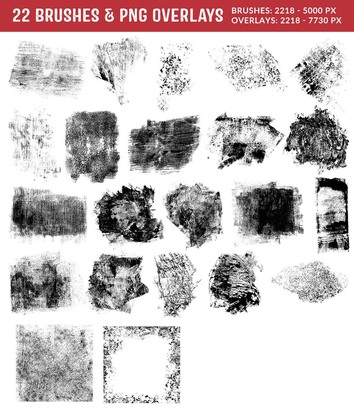 22 grunge Photoshop brushes and overlays made from gouache paint.