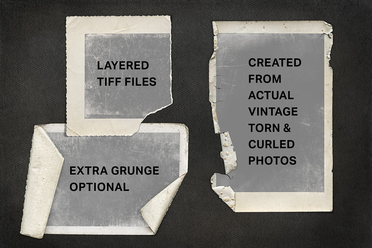 Vintage style digital frames made from real vintage photos. Curled and torn edges.