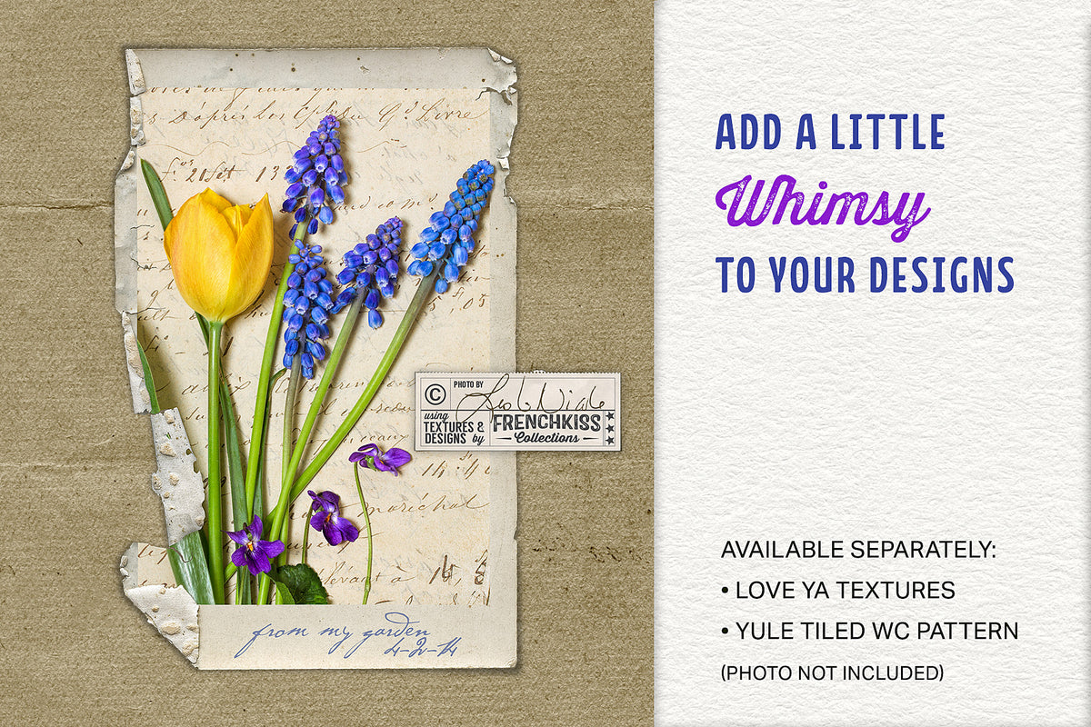 A torn and curled-edged grunge digital frame shown with a floral photograph. Caption is &quot;Add a little Whimsy to your Design.&quot;