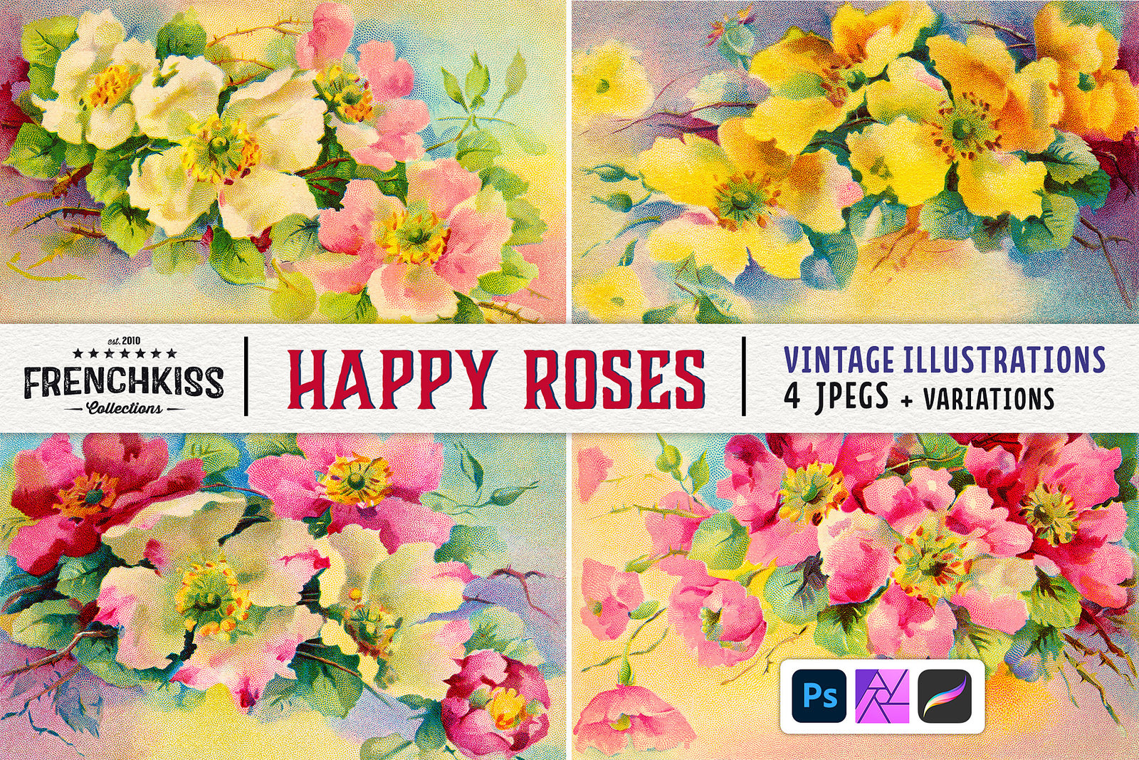 Happy Roses vintage illustrations digital downloads.
