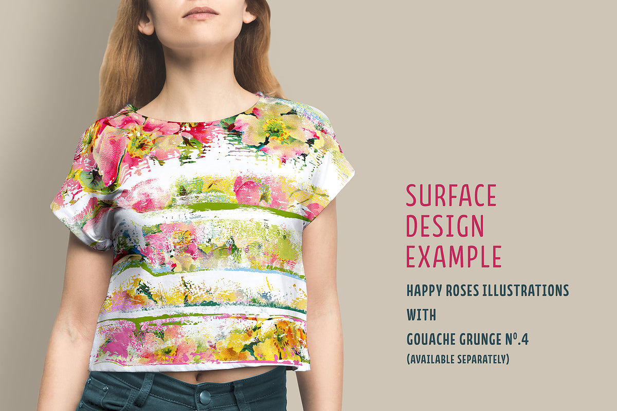 Design using vintage rose illustrations and grunge brushes shown on a cropped t-shirt.