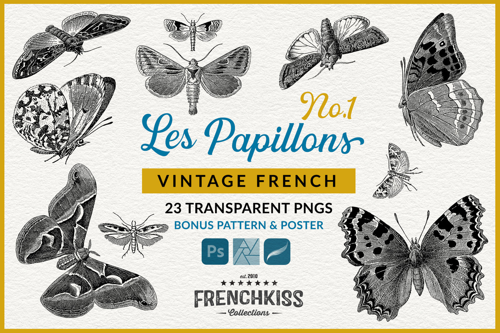 Les Papillons vintage French butterfly illustrations digital graphics.