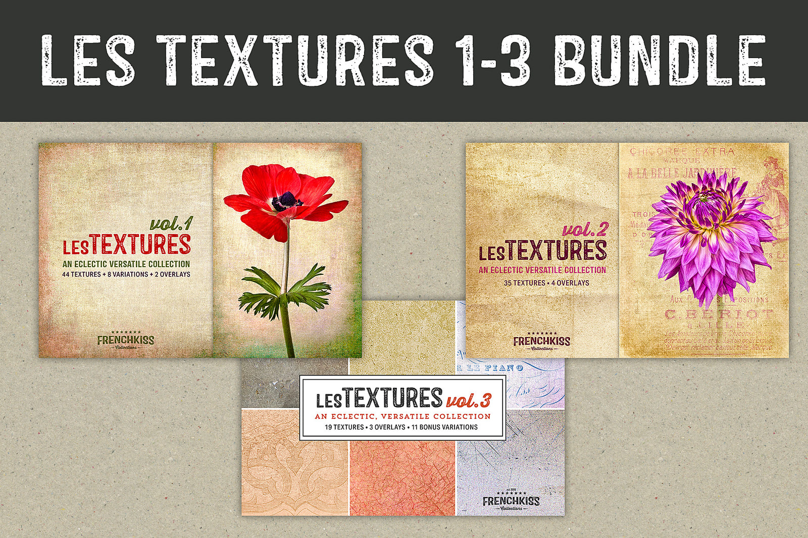 Discounted bundle of 3 fine art and grunge texture collections. Eclectic, versatile, and beautiful.