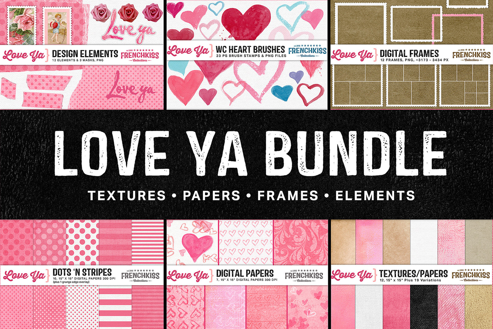 The Love Ya Bundle includes 6 collections of Digital papers, textures, frames, elements, and watercolor hearts at a 35% discount.