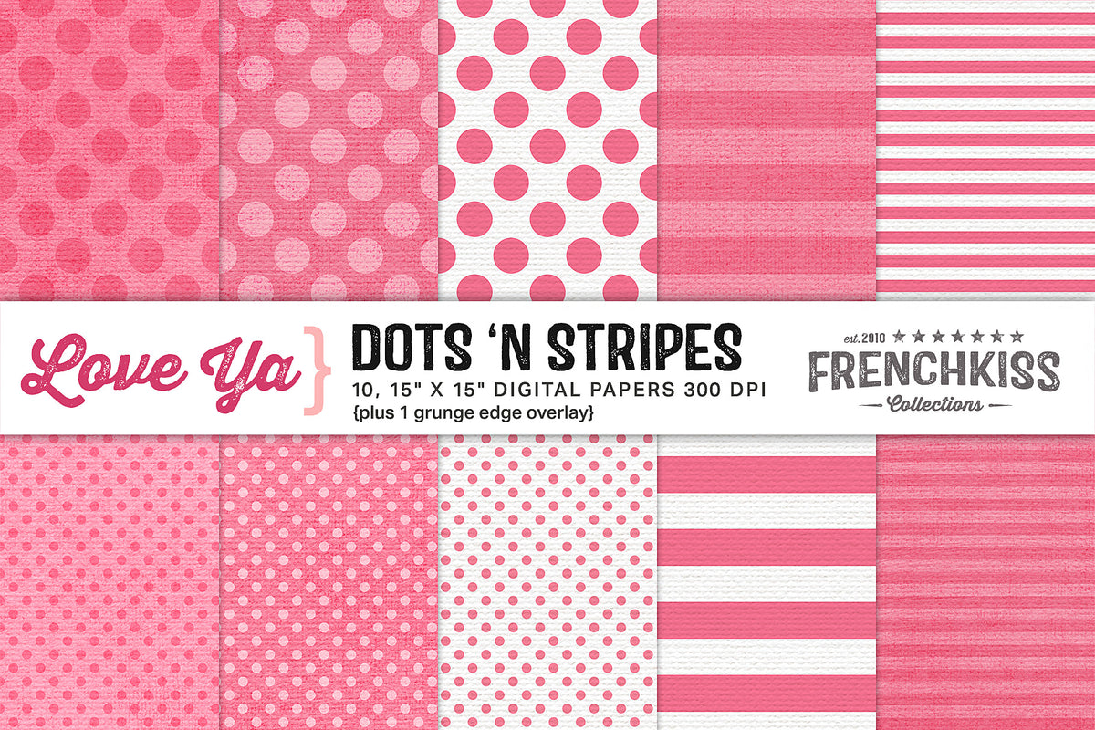 The Love Ya Dots &#39;n Stripes digital paper collection with pink polka dots and stripes with a soft, canvas texture.