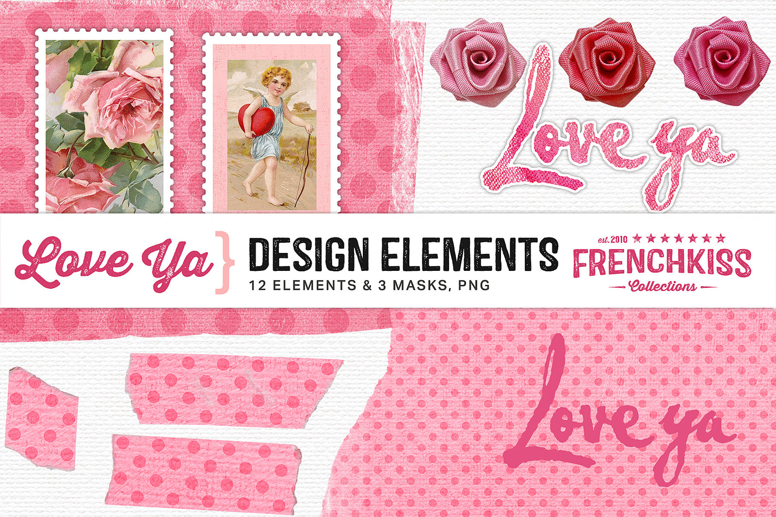 Design elements with 'Love ya' text, roses,  vintage illustration stamps, digital tape, and polka dot photo mats.