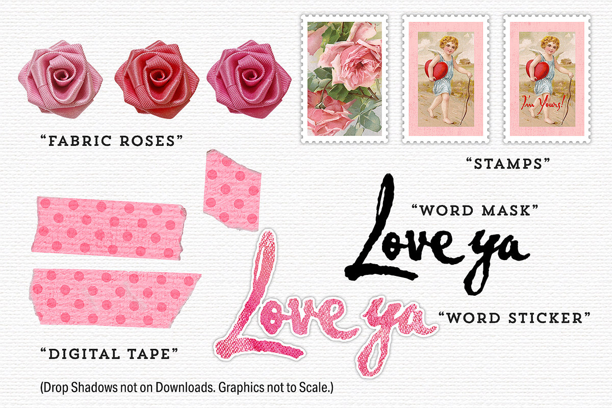 Collection of pink decorative digital graphics including fabric roses, stamps, a &quot;Love Ya&quot; sticker, and digital tape on a white background.