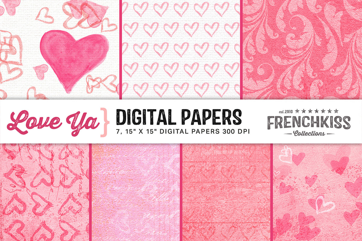 The Love Ya digital paper collection featuring hand-painted watercolor heart designs and a flourished paper.