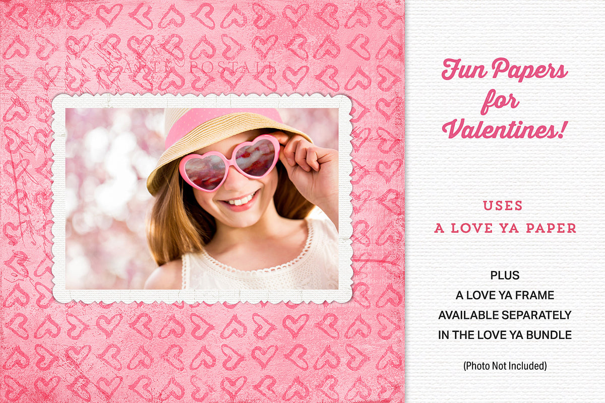 Digital paper with hand-painted hearts pattern. Shown with a fun framed photo of a girl with heart sunglasses