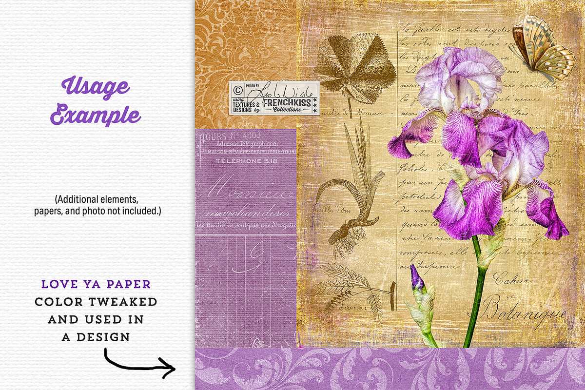 Lovely modern vintage design example with iris and botanical illustrations using a flourished digital paper from the Love Ya collection.