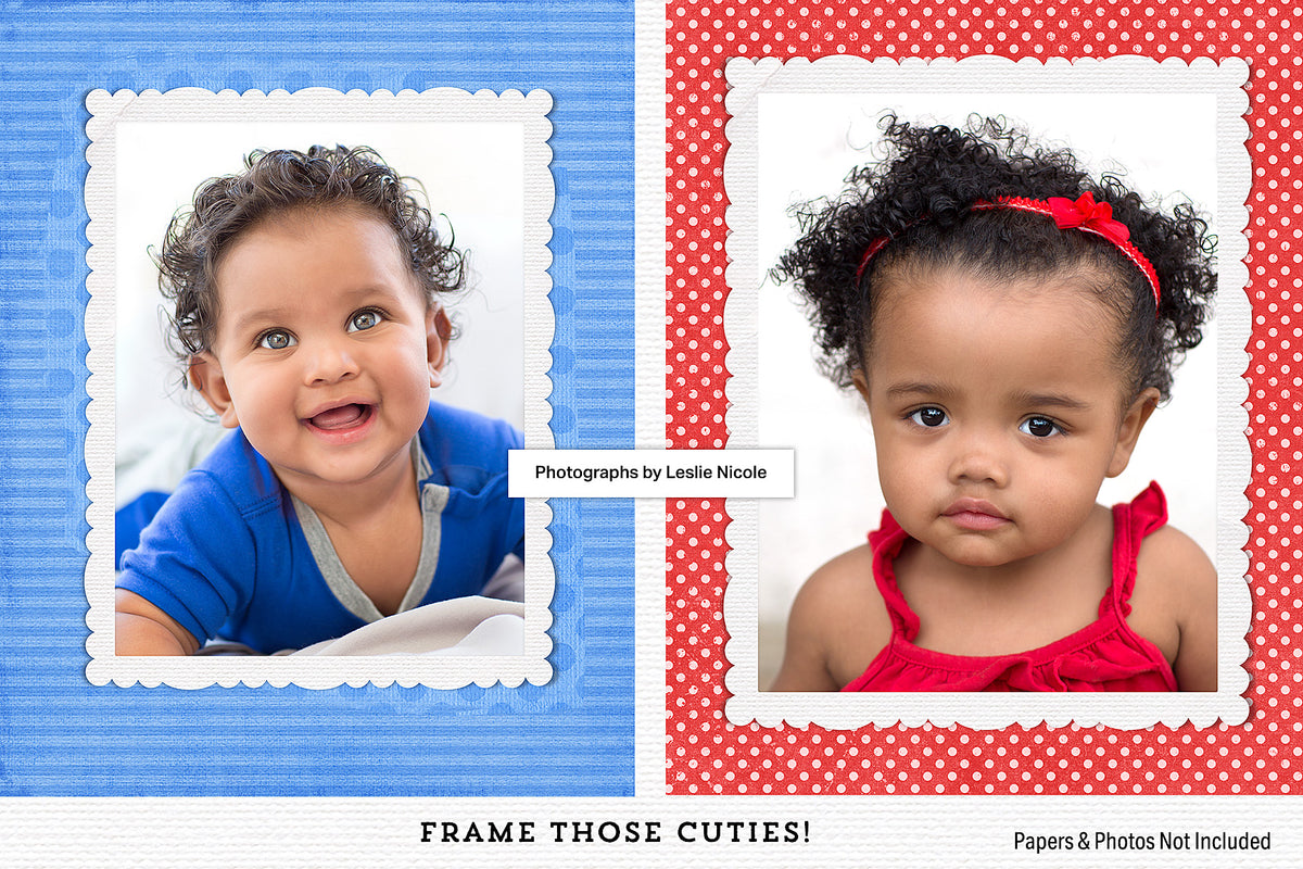 Two children&#39;s portraits in decorative frames with text &#39;Frame Those Cuties!&#39; and &#39;Photographs by Leslie Nicole&#39;.