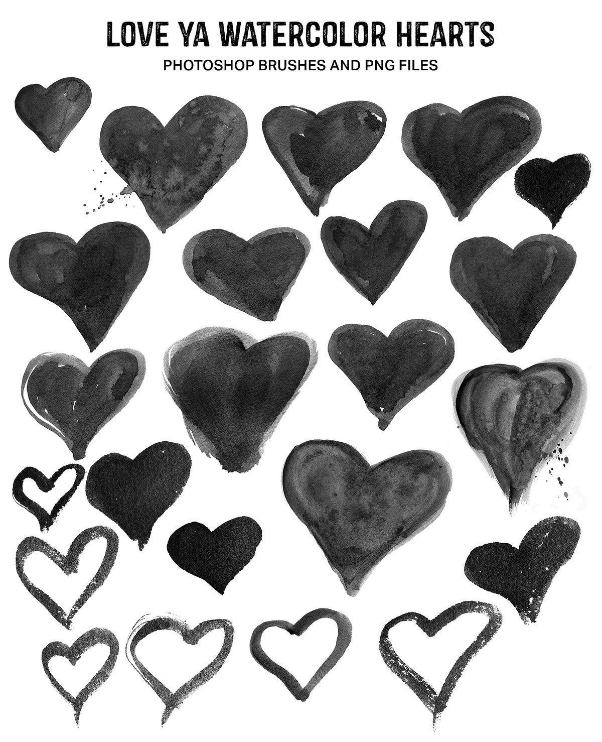 23 hand-painted watercolor heart brushes and overlays.