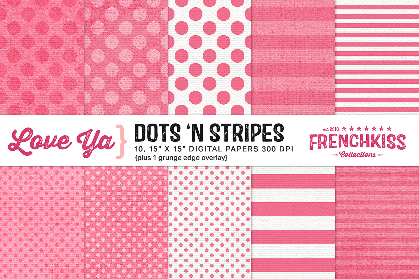 Digital papers of coordinating dots and stripes. In rose colors, but easily tweaked for extreme versatility.