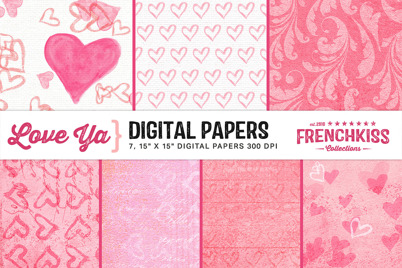 Digital paper collection featuring fun, designs with watercolor hearts and a flourished paper.