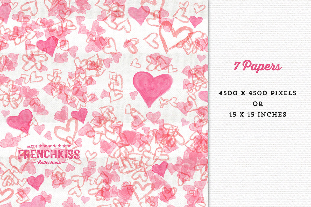 Digital paper with a fun, light design of scattered watercolor hearts.