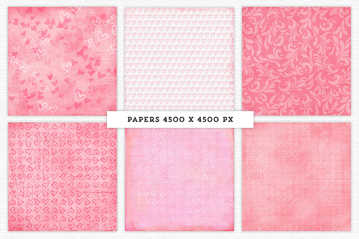 Digital papers from the Love Ya Papers collection featuring hand-painted watercolor heart designs and a flourished design.