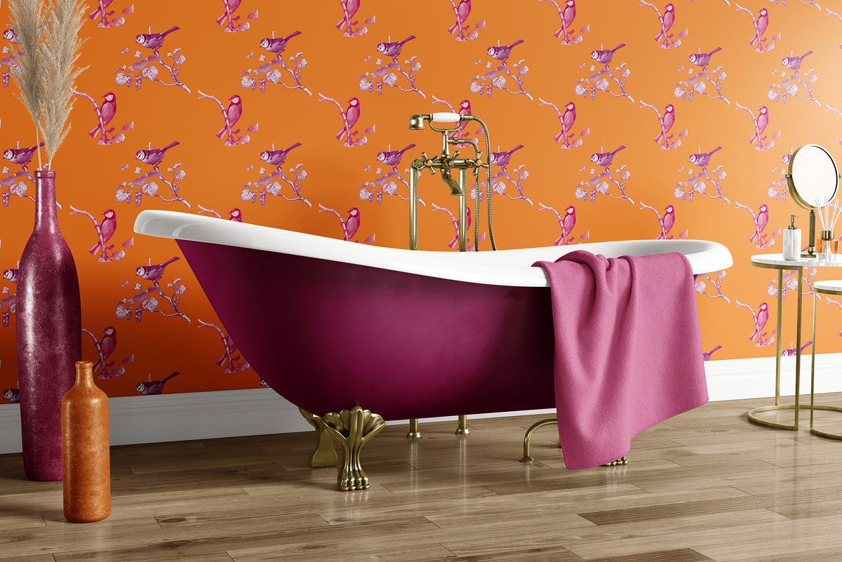 Custom wallpaper pattern created from vintage French bird illustrations for interior design projects.