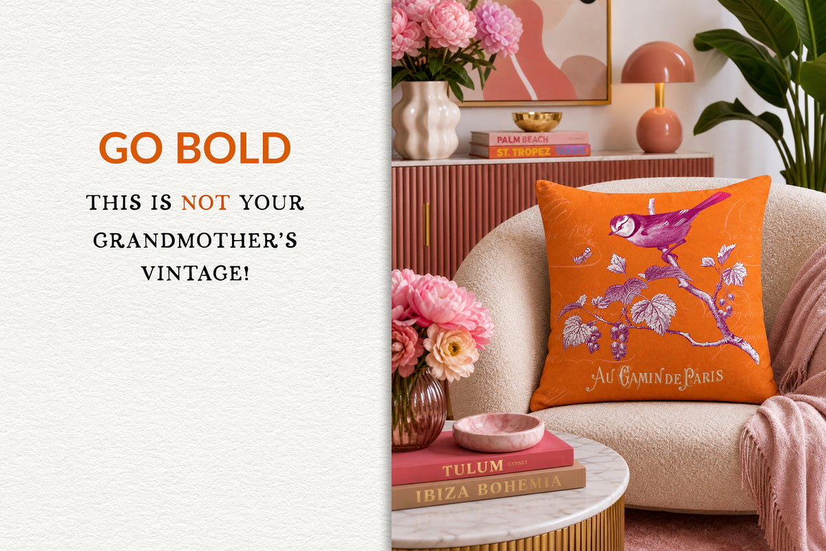 Contemporary home décor design created from vintage French bird illustrations with bold modern colors.
