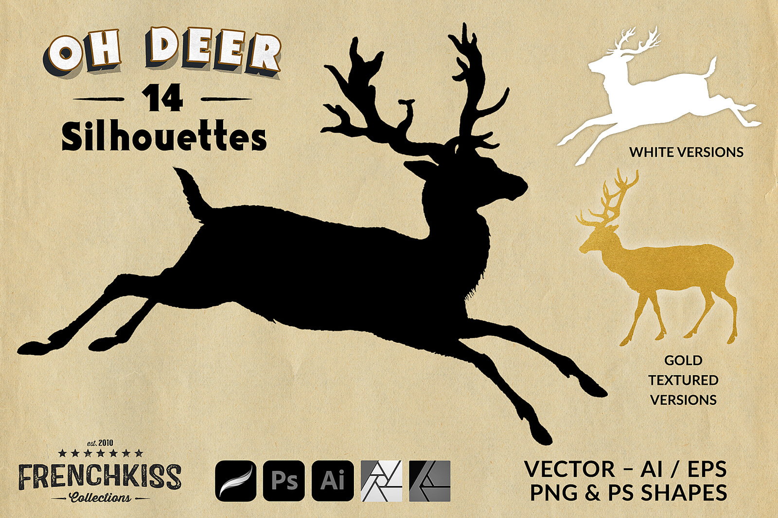 Vintage deer illustrations silhouette graphics. Vector, PNG, and PS Shapes.