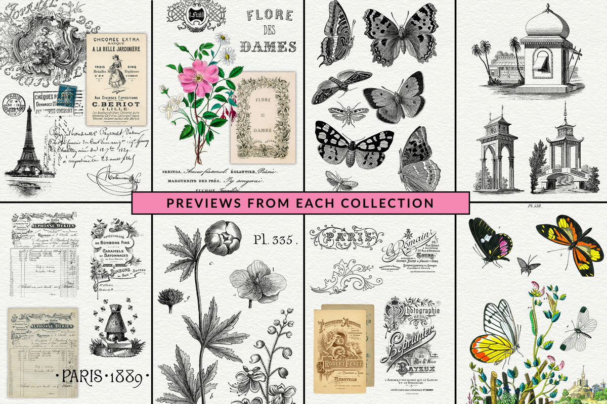 Previews of vintage French ephemera and illustrations from each 8 collections.