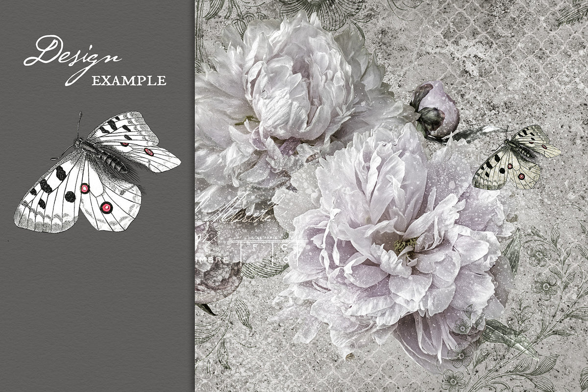Decorative design with flowers on a textured background using a vintage butterfly png graphic.