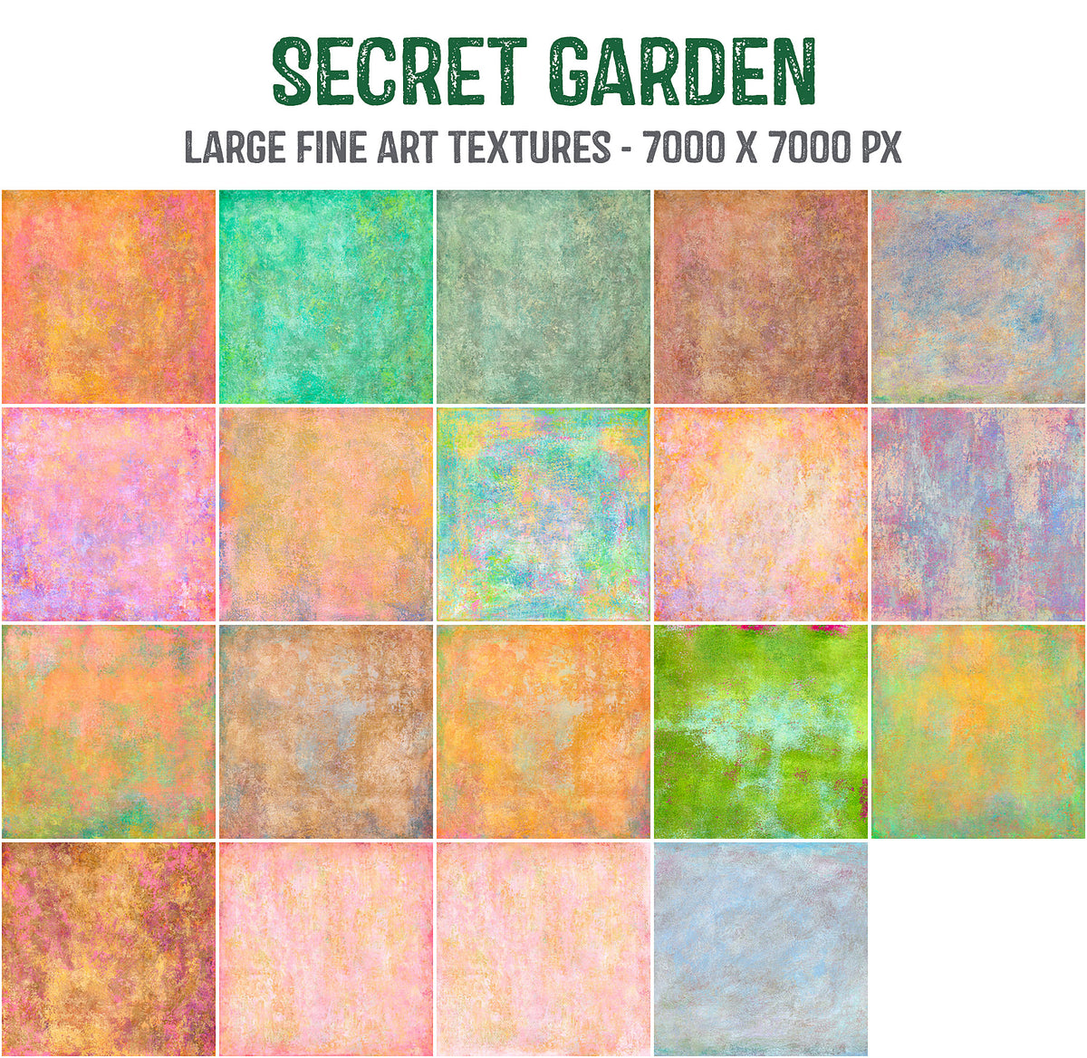 Collection of colorful abstract textures labeled &#39;Secret Garden&#39; with dimensions 7000 x 7000 pixels.