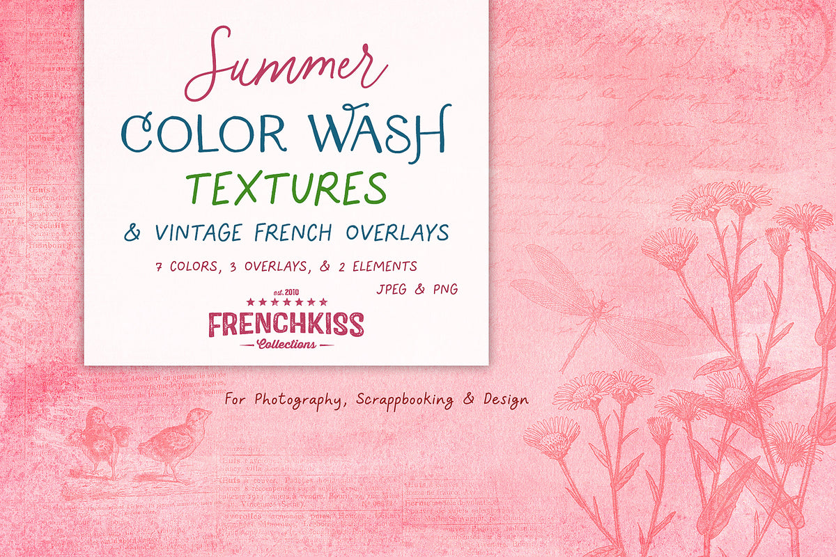 Summer Color Wash Textures with vintage french overlays and 2 French word elements.
