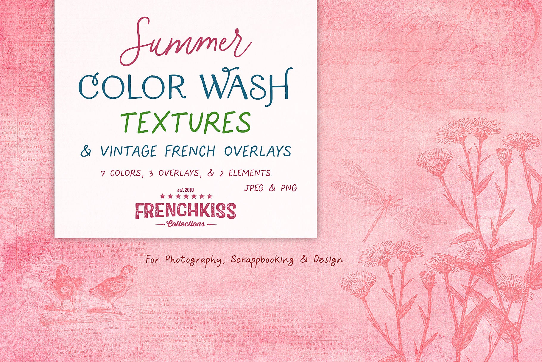 Summer Color Wash Textures with vintage french overlays and 2 French word elements.
