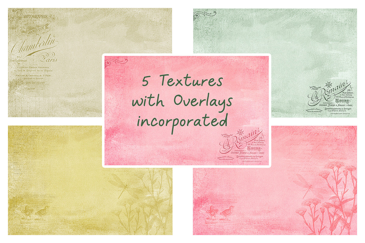 5 breezy, summery,textures with vintage French overlays incorporated.