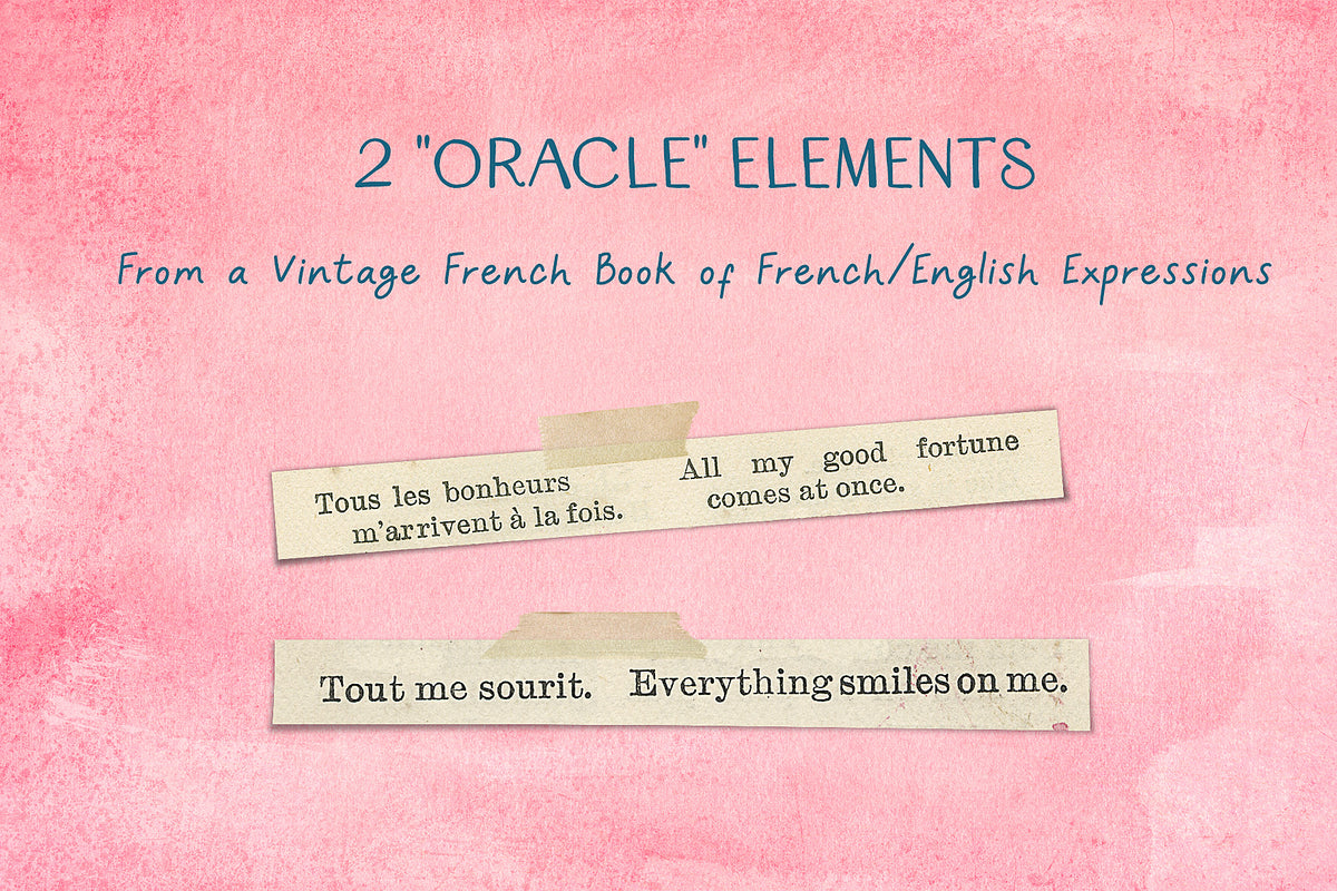2 design elements of text cut from a vintage French book with tape strip and drop shadow.