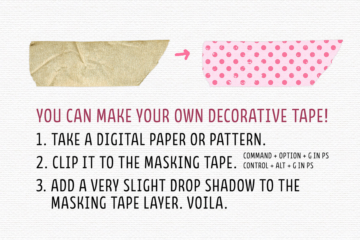 Instructions for creating decorative tape using digital paper and digital masking tape.
