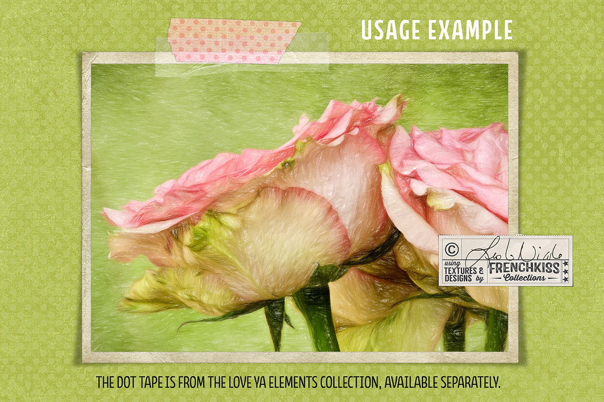 Pink roses with a decorative tape on a green background.