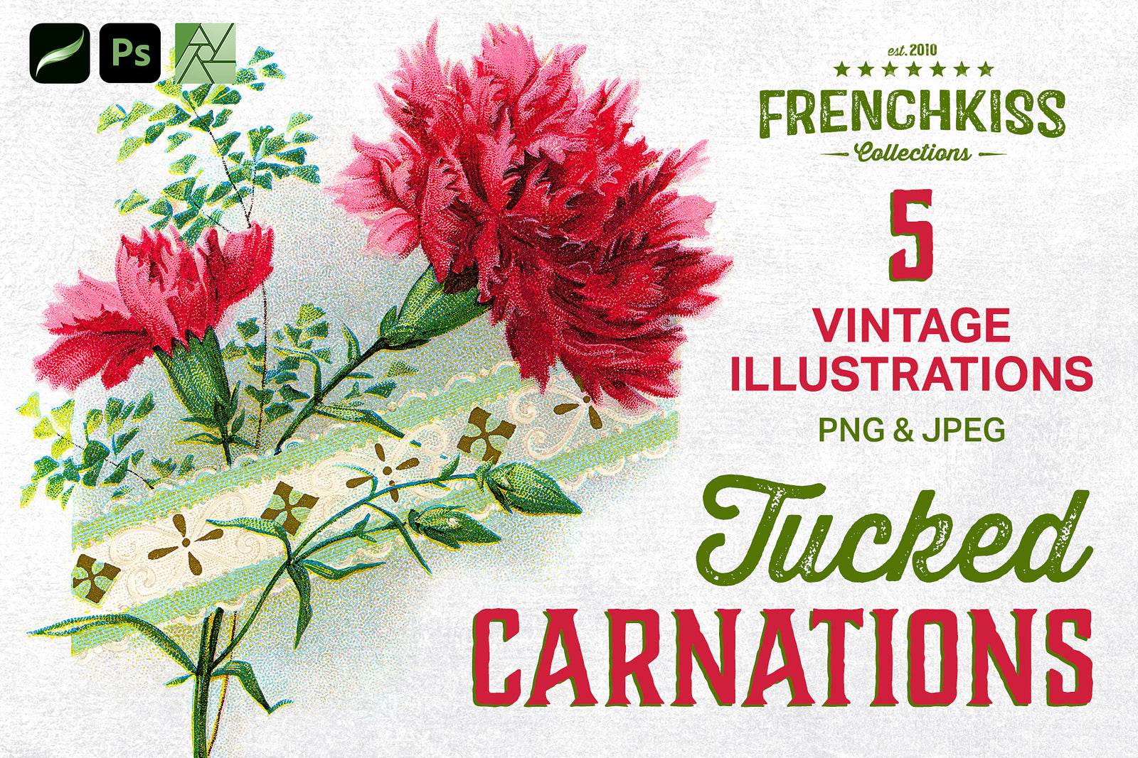 Tucked Carnations vintage illustrations of posies tucked into a ribbon. 
